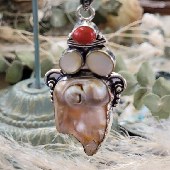Baroque Pearl & Red Jasper Sterling Silver Pendant Necklace - Timeless Elegance - Picture 4 of 10